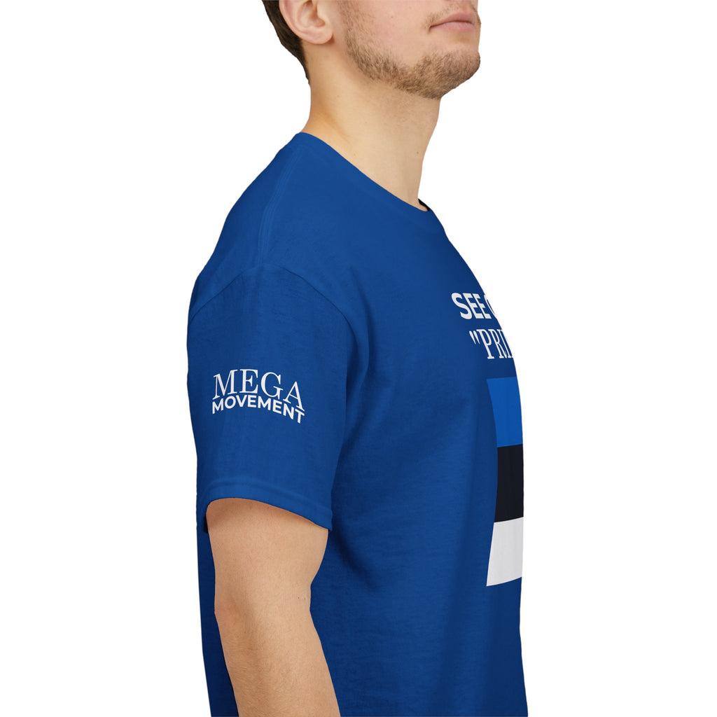 See On Minu 'Pride' Lipp T‑Shirt ( Small Print ) — Blue White Stripe Pride Tee