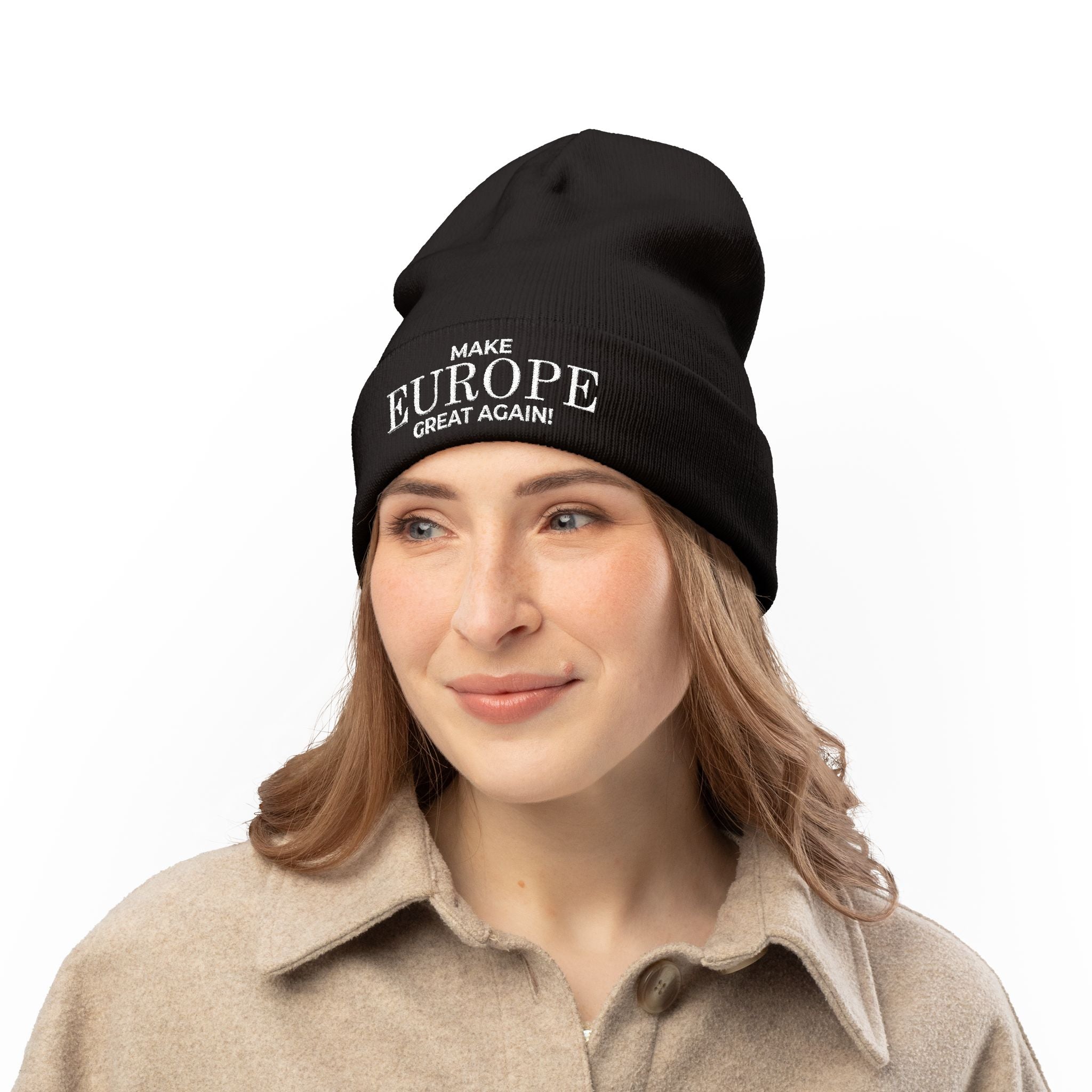 Stylish Knit Beanie - 'Make Europe Great Again' | Embroidered Cap for Winter Fashion, Gifting, Casual Wear, Travel, Trendy Accessories - Mega Movement