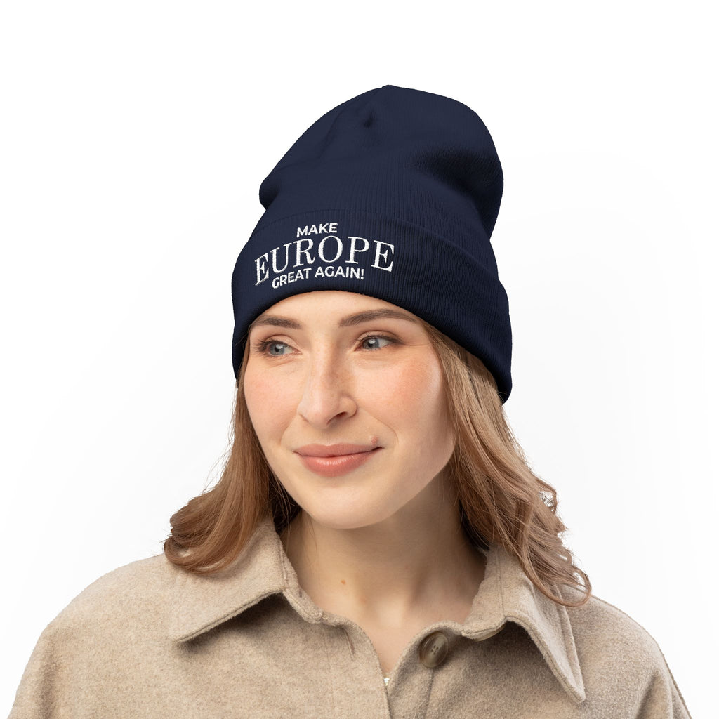 Stylish Knit Beanie - 'Make Europe Great Again' | Embroidered Cap for Winter Fashion, Gifting, Casual Wear, Travel, Trendy Accessories - Mega Movement